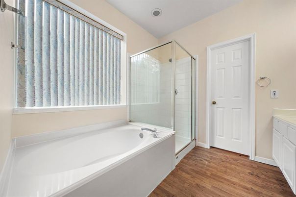 Bathroom, Glass Shower, Interior, Wood Texture Flooring