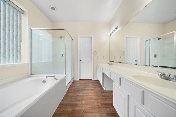 Bathroom, Dual Sink Vanities, Glass Shower, Interior, Wood Texture Flooring