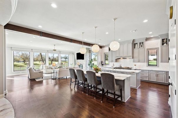 Dining room, Interior, Kitchen, Living room, Pendant Lights, Recessed Lighting, Stainless Steel Appliances, Wood Texture Flooring