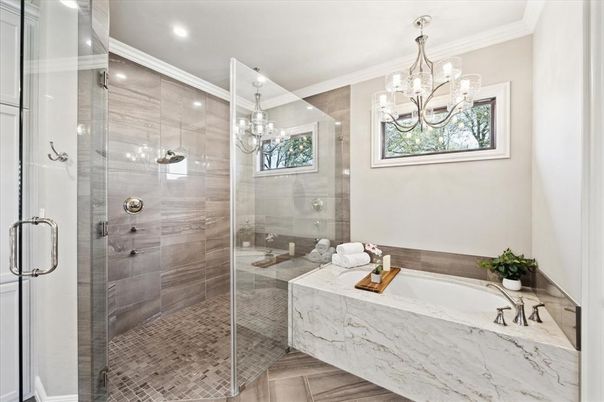 Bathroom, Chandelier, Glass Shower, Interior, Recessed Lighting, Wood Texture Flooring