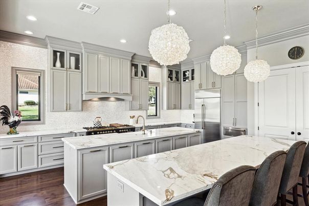 Chandelier, Interior, Kitchen, Pendant Lights, Recessed Lighting, Stainless Steel Appliances, Wood Texture Flooring