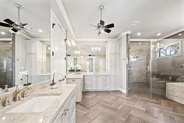 Bathroom, Dual Sink Vanities, Glass Shower, Interior, Recessed Lighting, Wood Texture Flooring