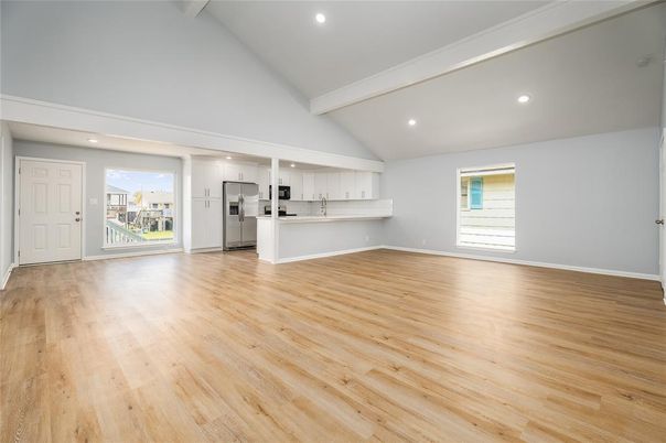 Empty room, Interior, Kitchen, Recessed Lighting, Wood Texture Flooring