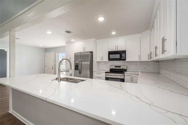 Interior, Kitchen, Recessed Lighting, Stainless Steel Appliances, Wood Texture Flooring