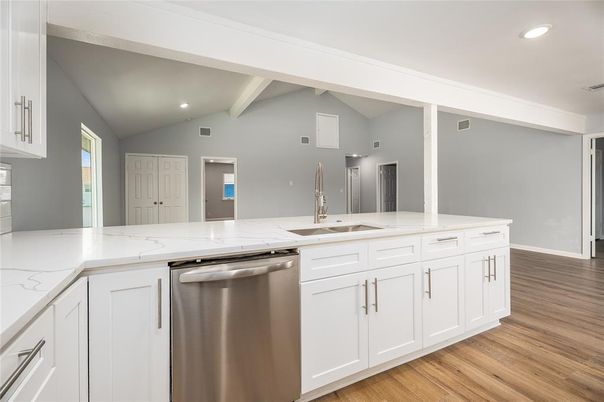 Interior, Kitchen, Recessed Lighting, Stainless Steel Appliances, Wood Texture Flooring