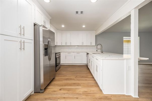 Interior, Kitchen, Recessed Lighting, Stainless Steel Appliances, Wood Texture Flooring