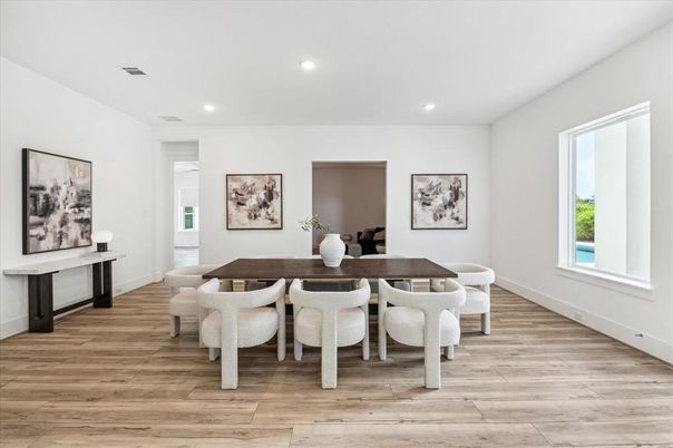 Dining room, Interior, Recessed Lighting, Wood Texture Flooring