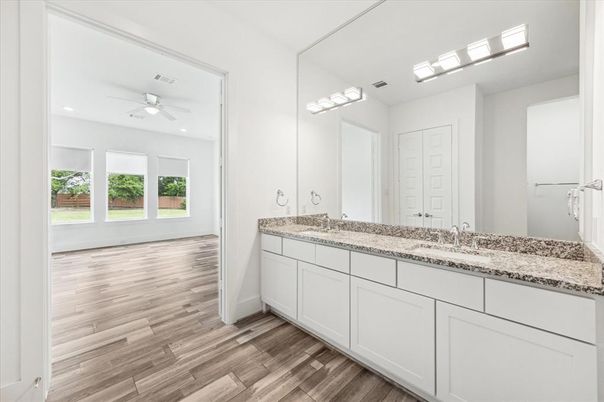 Bathroom, Dual Sink Vanities, Interior, Recessed Lighting, Wood Texture Flooring