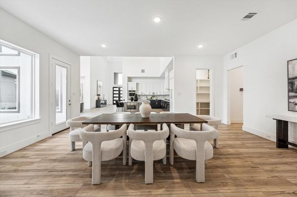 Dining room, Interior, Kitchen, Recessed Lighting, Wood Texture Flooring