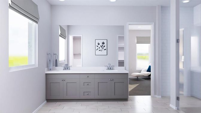 Bathroom, Dual Sink Vanities, Interior, Marble, Recessed Lighting, Wood Texture Flooring