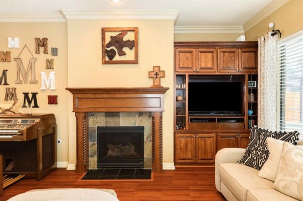 Fireplace, Interior, Recessed Lighting, Wood Texture Flooring