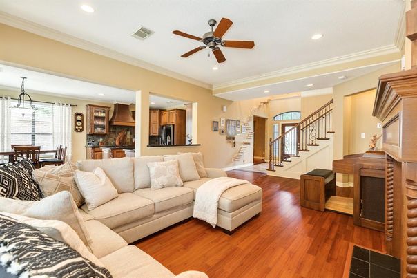Dining room, Fireplace, Interior, Kitchen, Living room, Pendant Lights, Recessed Lighting, Wood Texture Flooring