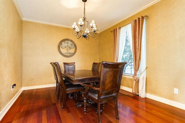 Chandelier, Dining room, Interior, Wood Texture Flooring