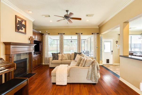 Fireplace, Interior, Living room, Recessed Lighting, Wood Texture Flooring