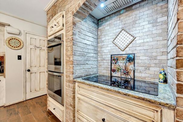 Interior, Kitchen, Stainless Steel Appliances, Stone Walls, Wood Texture Flooring