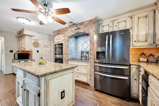 Interior, Kitchen, Stainless Steel Appliances, Stone Walls, Wood Texture Flooring