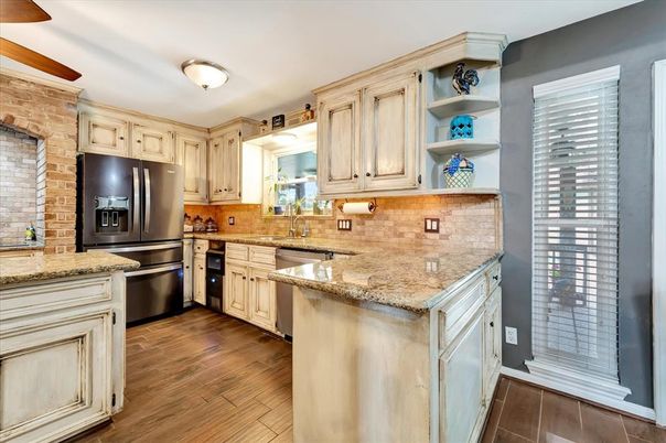 Interior, Kitchen, Stainless Steel Appliances, Stone Walls, Wood Texture Flooring
