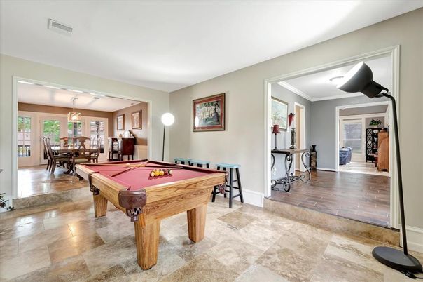 Billiard Table, Dining room, Game Room, Interior, Pendant Lights, Wood Texture Flooring