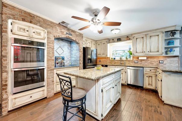Interior, Kitchen, Stainless Steel Appliances, Stone Walls, Wood Texture Flooring