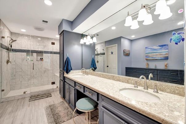 Bathroom, Dual Sink Vanities, Glass Shower, Interior, Recessed Lighting