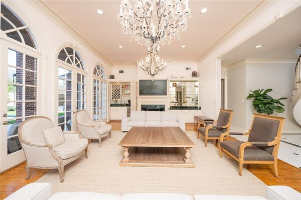 Chandelier, Fireplace, Interior, Living room, Recessed Lighting, Wood Texture Flooring