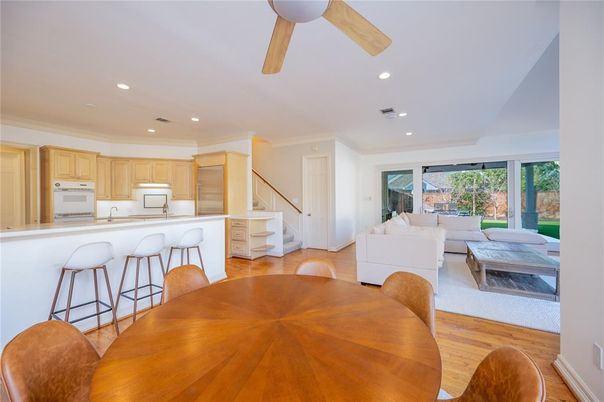 Dining room, Interior, Kitchen, Living room, Recessed Lighting, Wood Texture Flooring