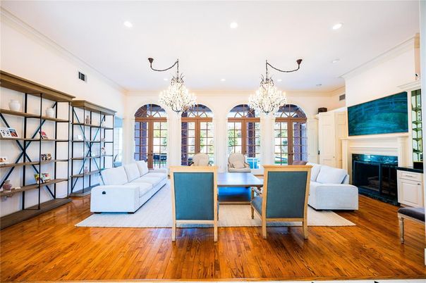 Chandelier, Dining room, Fireplace, Interior, Living room, Recessed Lighting, Wood Texture Flooring