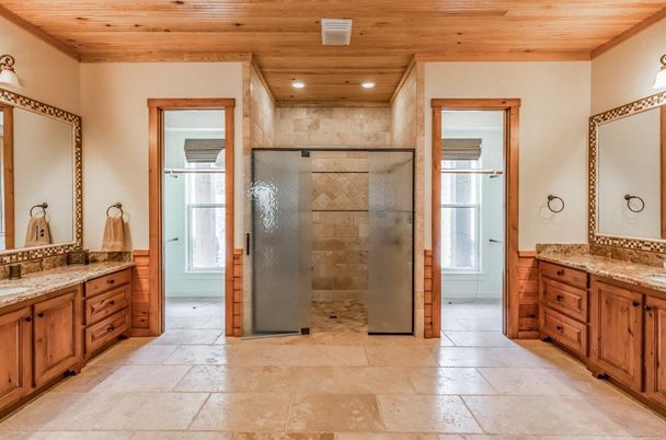 Bathroom, Glass Shower, Interior, Recessed Lighting, Wooden Ceilings