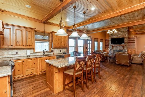 Fireplace, Interior, Kitchen, Living room, Pendant Lights, Recessed Lighting, Stone Walls, Wooden Beams, Wooden Ceilings, Wood Texture Flooring