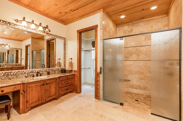 Bathroom, Dual Sink Vanities, Glass Shower, Interior, Recessed Lighting, Wooden Ceilings