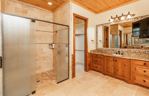 Bathroom, Dual Sink Vanities, Interior, Recessed Lighting, Wooden Ceilings