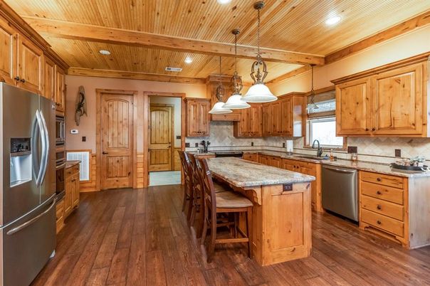 Interior, Kitchen, Pendant Lights, Recessed Lighting, Stainless Steel Appliances, Wooden Beams, Wooden Ceilings, Wood Texture Flooring