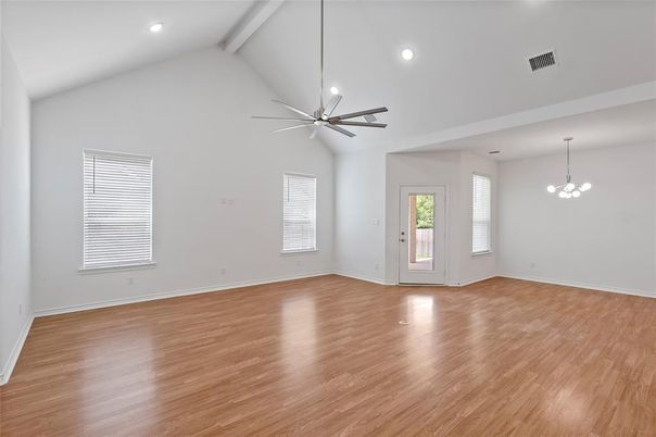 Empty room, Interior, Pendant Lights, Recessed Lighting, Wood Texture Flooring