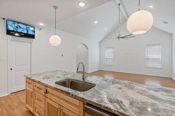 Interior, Kitchen, Pendant Lights, Recessed Lighting, Wood Texture Flooring