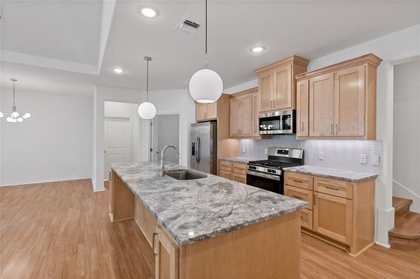 Interior, Kitchen, Pendant Lights, Recessed Lighting, Stainless Steel Appliances, Wood Texture Flooring