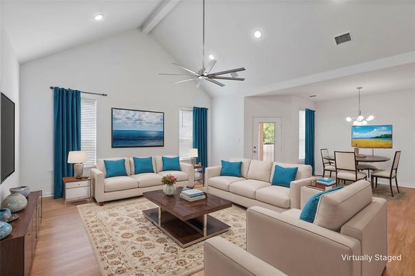 Dining room, Interior, Living room, Pendant Lights, Recessed Lighting, Wood Texture Flooring