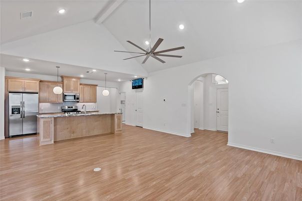 Interior, Kitchen, Pendant Lights, Recessed Lighting, Stainless Steel Appliances, Wood Texture Flooring