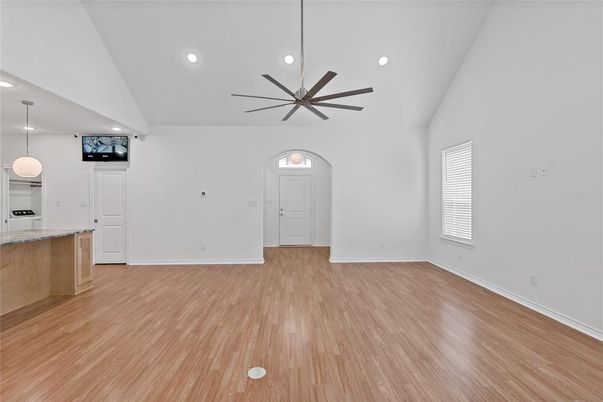 Empty room, Interior, Pendant Lights, Recessed Lighting, Wood Texture Flooring