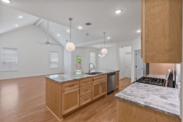 Interior, Kitchen, Pendant Lights, Recessed Lighting, Stainless Steel Appliances, Wood Texture Flooring