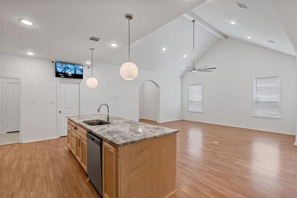 Interior, Kitchen, Pendant Lights, Recessed Lighting, Wood Texture Flooring