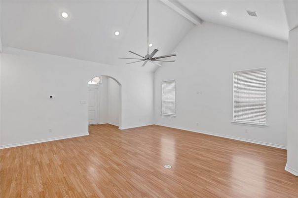 Empty room, Interior, Pendant Lights, Recessed Lighting, Wood Texture Flooring