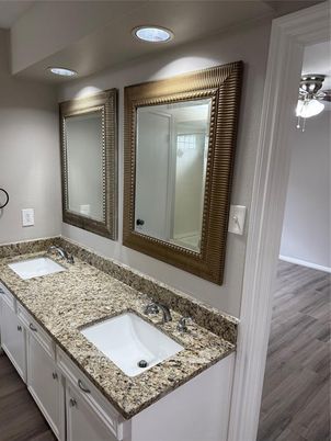 Bathroom, Dual Sink Vanities, Interior, Recessed Lighting, Wood Texture Flooring