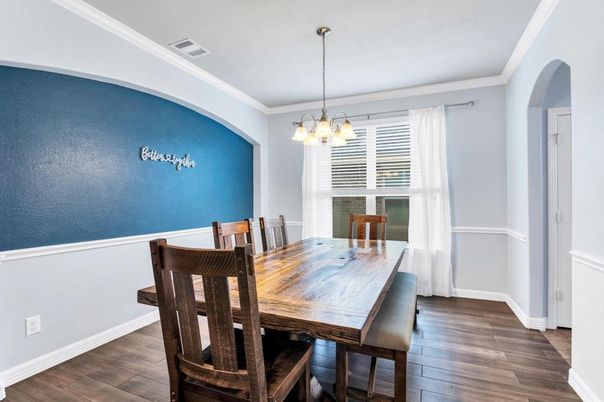 Dining room, Interior, Pendant Lights, Wood Texture Flooring