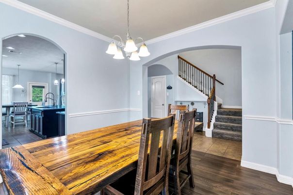 Dining room, Interior, Kitchen, Pendant Lights, Wood Texture Flooring