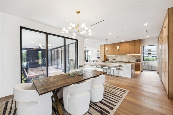 Dining room, Interior, Kitchen, Pendant Lights, Recessed Lighting, Wood Texture Flooring