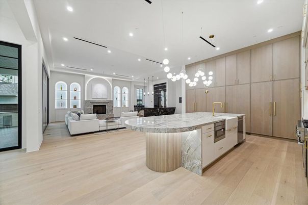 Fireplace, Interior, Kitchen, Living room, Pendant Lights, Recessed Lighting, Wood Texture Flooring