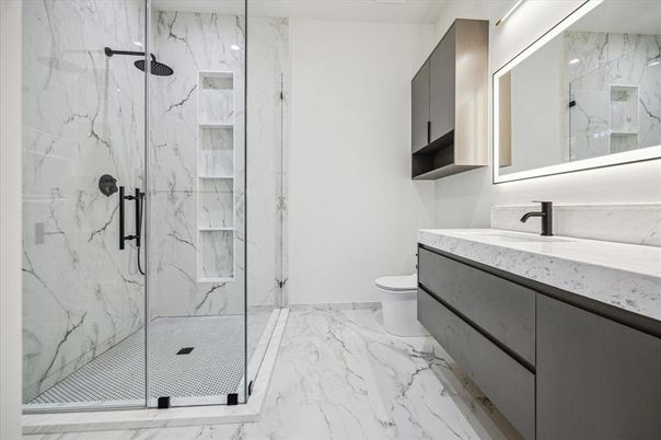 Bathroom, Glass Shower, Interior, Marble, Marble Walls