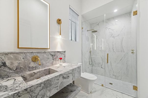 Bathroom, Glass Shower, Interior, Marble, Marble Walls, Recessed Lighting