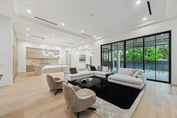 Interior, Kitchen, Living room, Marble Walls, Pendant Lights, Recessed Lighting, Wood Texture Flooring