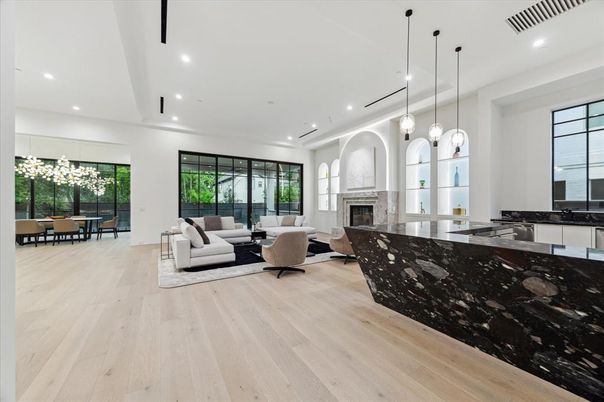Dining room, Fireplace, Interior, Kitchen, Living room, Pendant Lights, Recessed Lighting, Wood Texture Flooring
